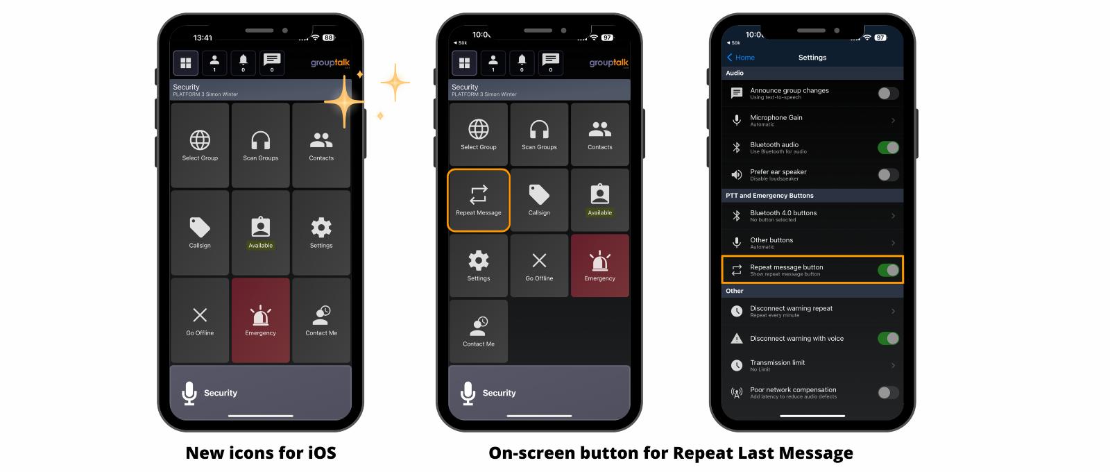 GroupTalk app icons for Push to talk groups, status, call sign, panic alarm