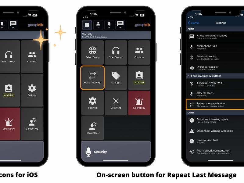 GroupTalk app icons for Push to talk groups, status, call sign, panic alarm