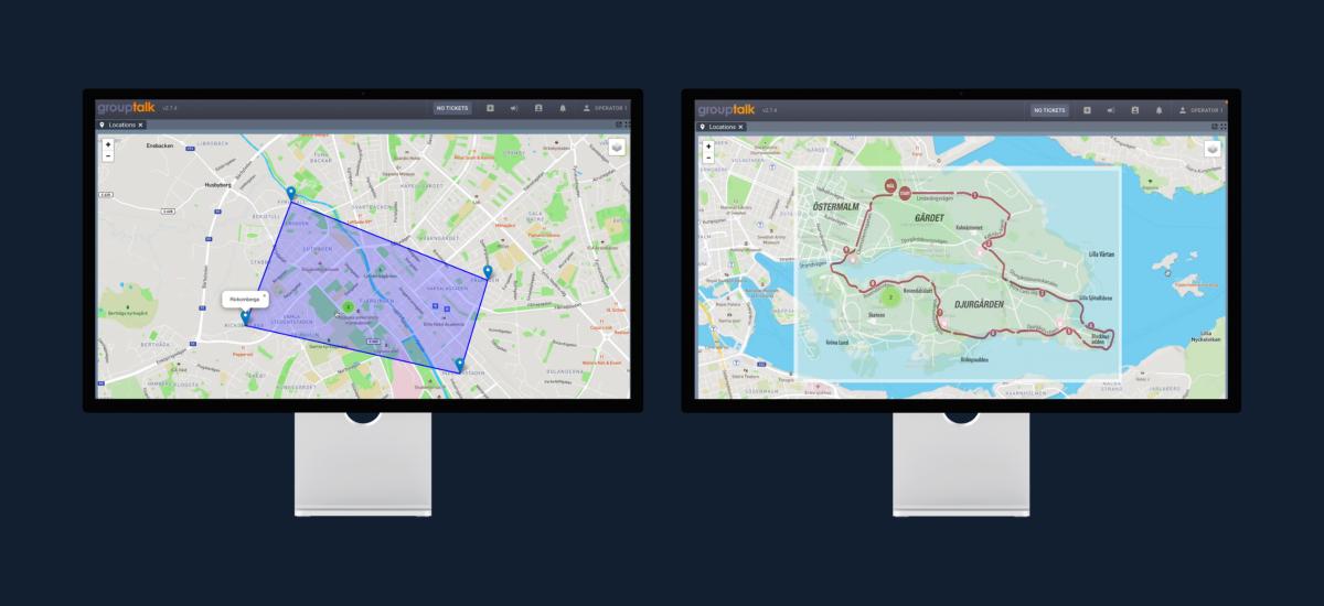 Dual monitors showing different maps with custom map layers.