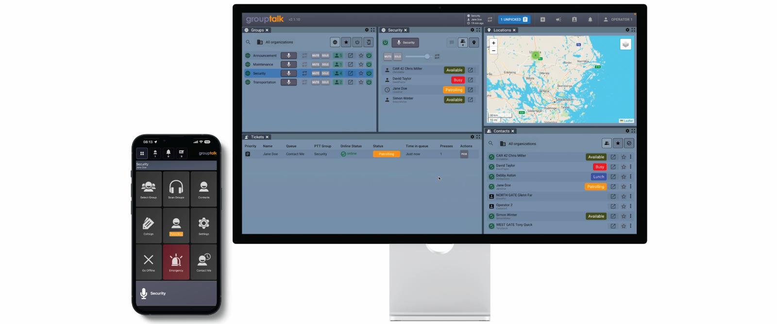 GroupTalk PC Dispatch 2 panic alarm personal alarm status private call and PTT