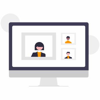 Illustration of a desktop computer with a live video call in progress, showing multiple participants on screen.