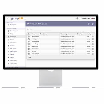 GroupTalk web admin portal push to talk groups page on a PC for secure access.