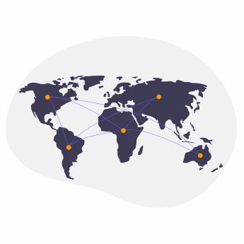 World map illustration with lines linking continents, symbolizing global collaboration and data exchange.