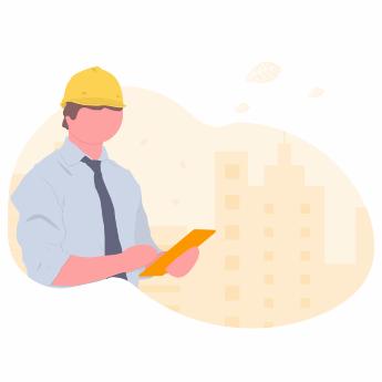 Illustration of a helmeted worker using an iPad for digital project management.