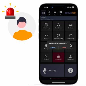 iPhone displaying a personal alarm alert next to an illustration of a man receiving the alert.
