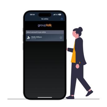 Animated girl with a big iPhone with the GroupTalk PTT app