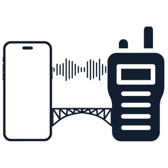 Icon depicting interoperability between GroupTalk and two-way radio systems, with a smartphone and radio connected by a bridge.