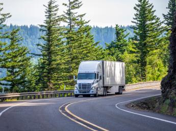Cargo truck on road in scenic Swedish landscape.