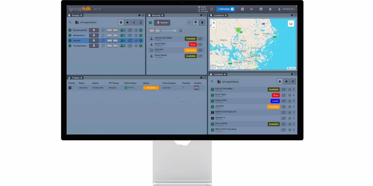 GroupTalk PC Dispatch 2 panic alarm personal alarm status private call and PTT