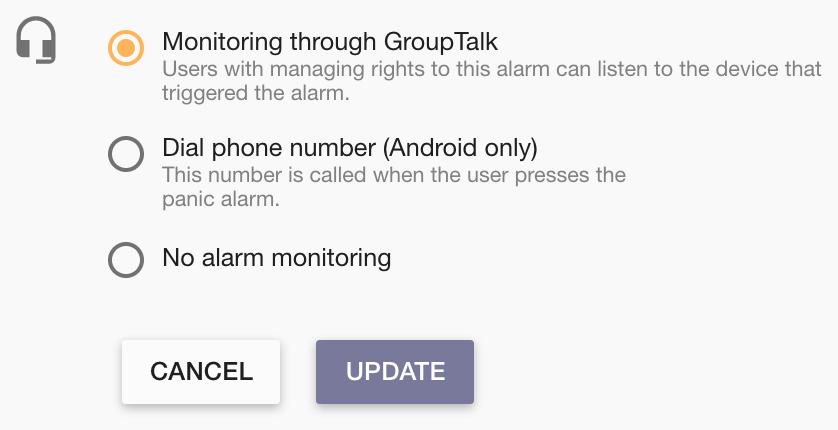 Settings for listening in on panic alarms / personal alarms