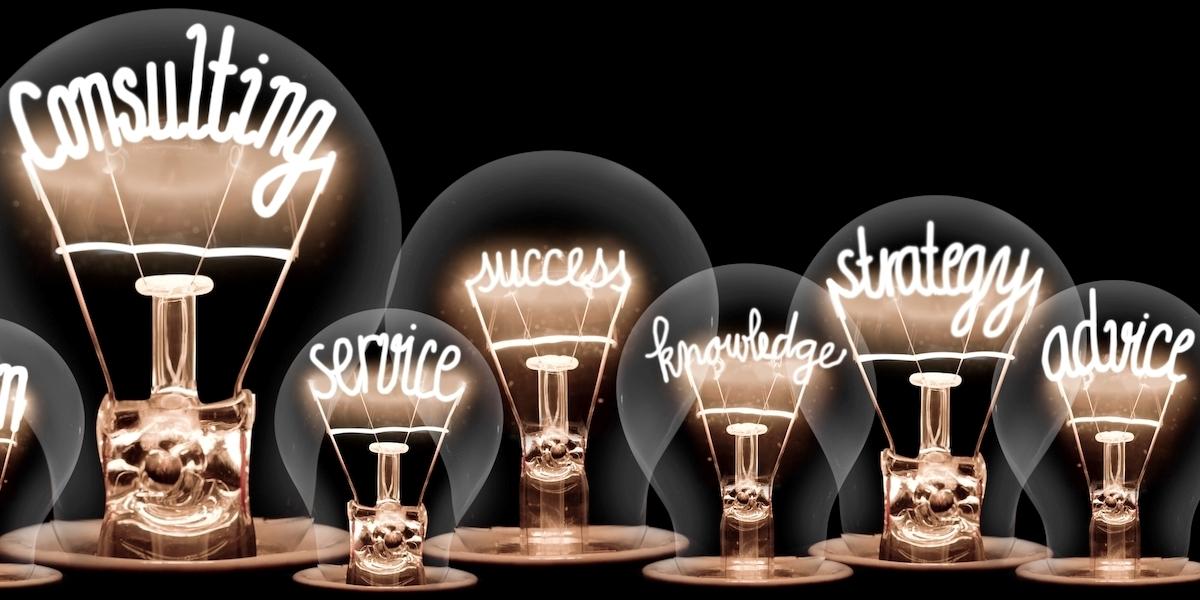 Lamps with the words consultation service success knowledge strategy and advice