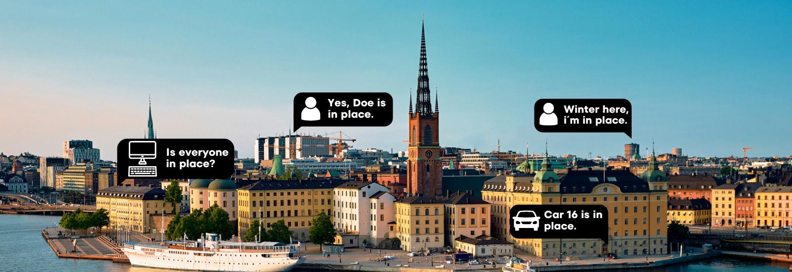 City where colleagues talk with PTT in GroupTalk to each other between buildings